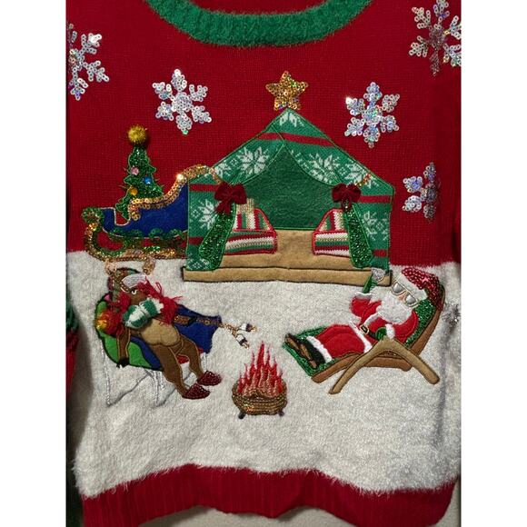 Women’s It's Our Time Ugly Christmas Sweater Camping Santa & Reindeer? Size XL - Picture 1 of 4